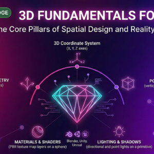 3D Fundamentals for AR VR course thumbnail showing 3D cube coordinate system, VR headset, lighting, textures, and immersive graphics concepts.