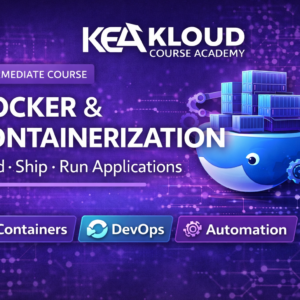 Docker & Containerization course thumbnail for Kloud Course Academy showing Docker whale, containers, and DevOps automation on a purple background.
