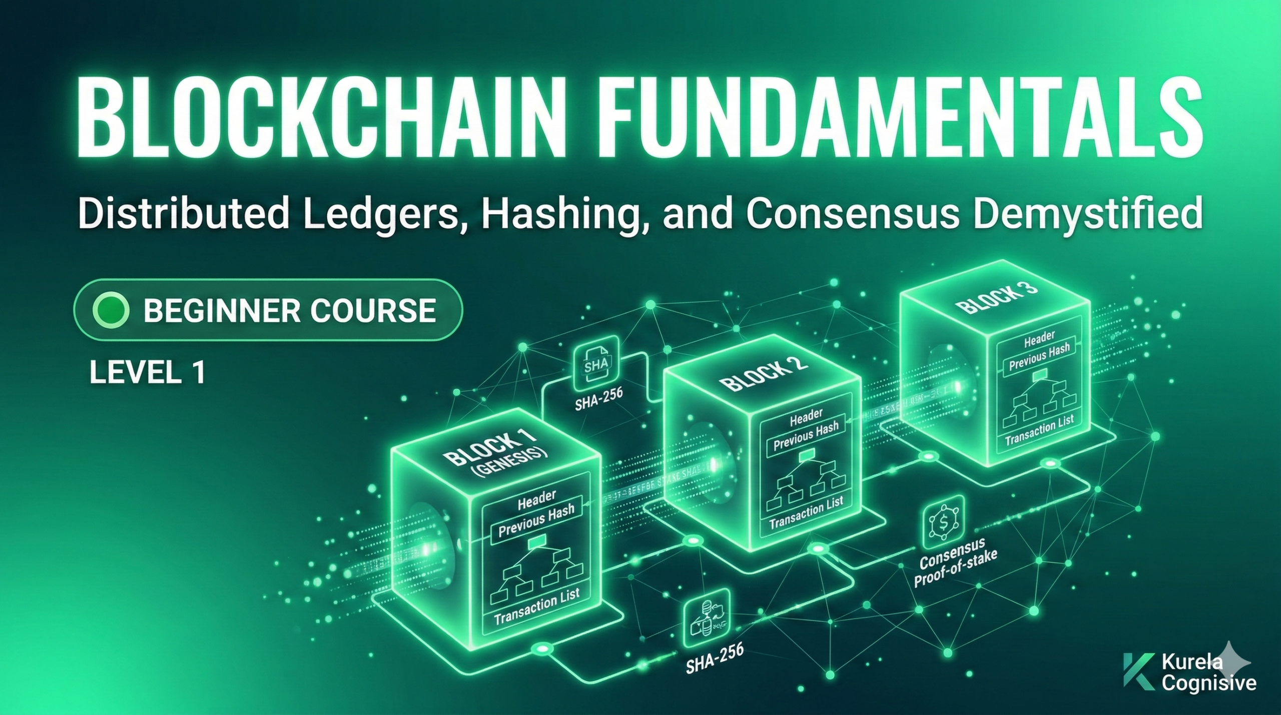 Blockchain Fundamentals course thumbnail showing distributed ledger technology, blockchain nodes, and decentralized network architecture.