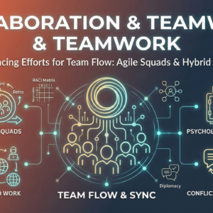 Collaboration and Teamwork course thumbnail illustrating agile squads, hybrid work, psychological safety, and conflict resolution in modern teams.