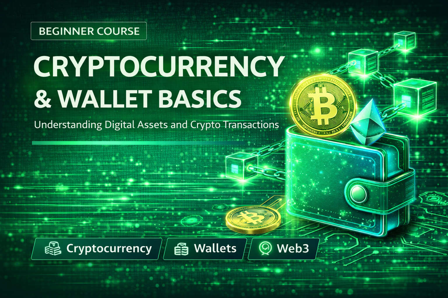 Cryptocurrency and wallet basics course thumbnail showing Bitcoin, digital wallets, and blockchain-based digital asset transactions.