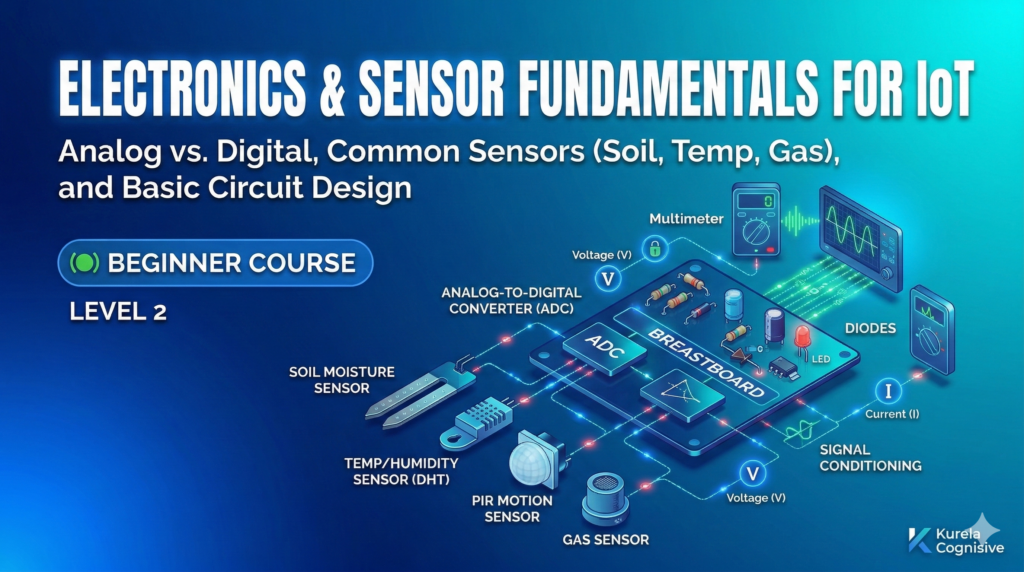 Electronics and sensor fundamentals for IoT course thumbnail showing sensors, circuits, and IoT hardware components.