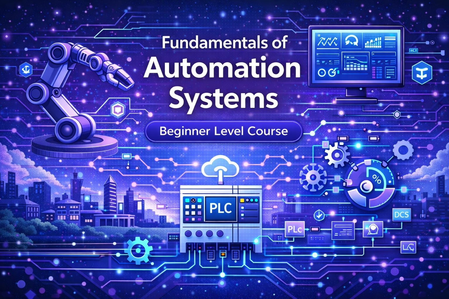 Fundamentals of Automation Systems course thumbnail showing industrial robotic arm, PLC controller, and automation workflow systems.
