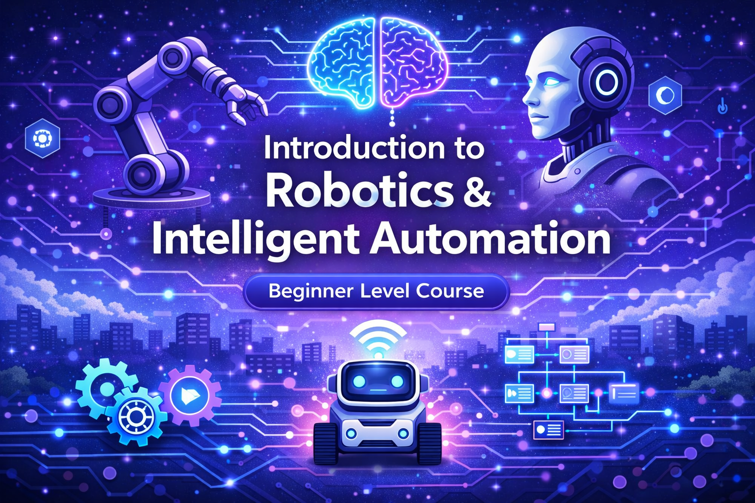 Introduction to Robotics and Intelligent Automation course thumbnail showing robotic arm, AI brain, humanoid robot, and automation workflow graphics.