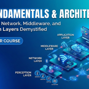 IoT Fundamentals and Architecture course thumbnail showing connected sensors, devices, cloud, and IoT network architecture for beginners