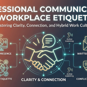 Professional Communication and Workplace Etiquette course thumbnail showing business professionals communicating in a corporate environment with communication and teamwork icons.