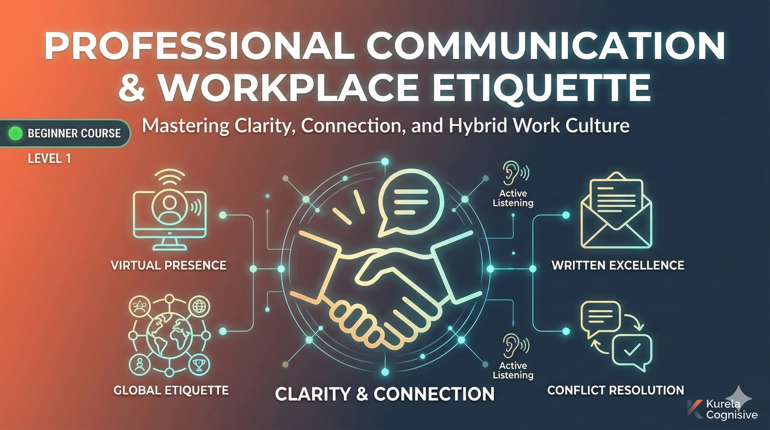 Professional Communication and Workplace Etiquette course thumbnail showing business professionals communicating in a corporate environment with communication and teamwork icons.
