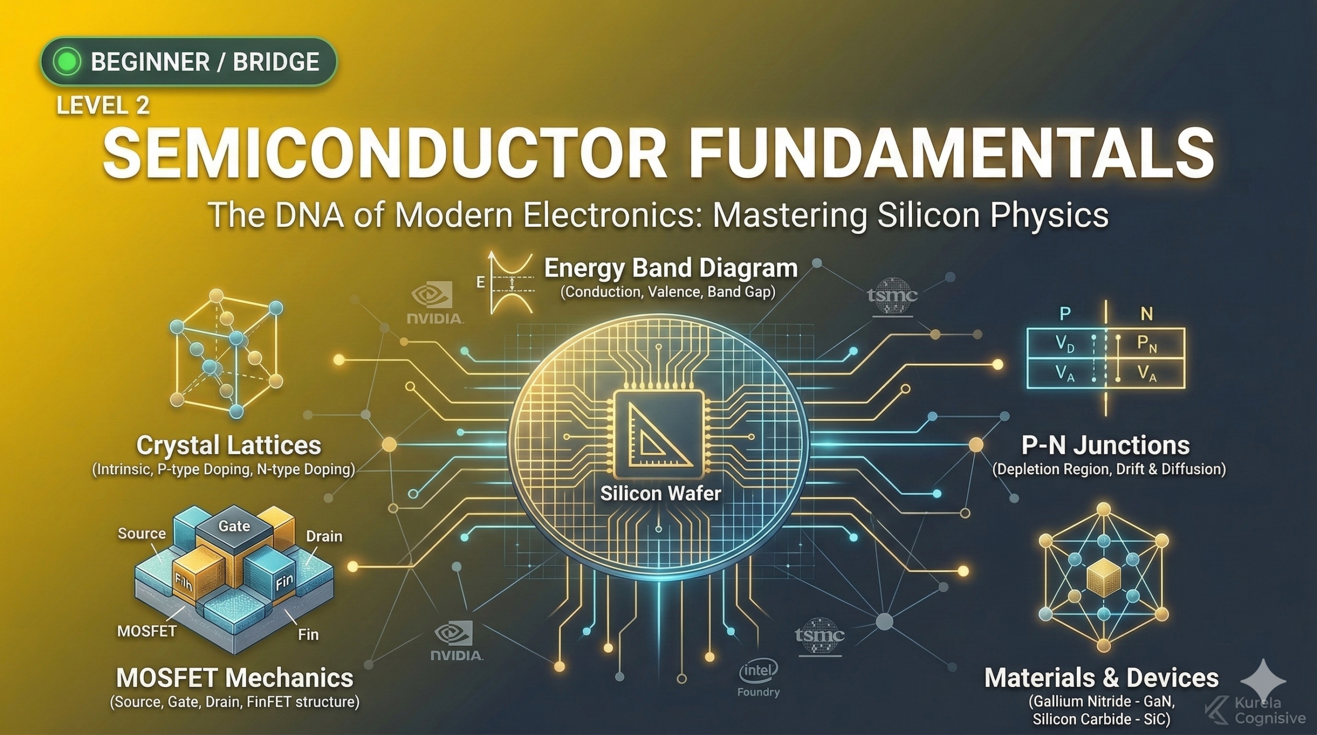 Semiconductor Fundamentals course thumbnail showing microchip, diodes, transistors, PN junctions, and semiconductor materials.