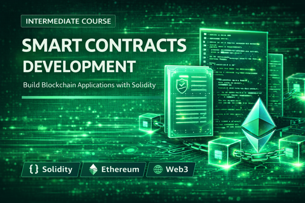 Smart contracts development course thumbnail showing blockchain code, Solidity programming, and decentralized application development.