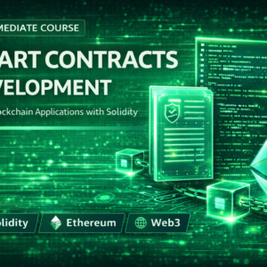 Smart contracts development course thumbnail showing blockchain code, Solidity programming, and decentralized application development.