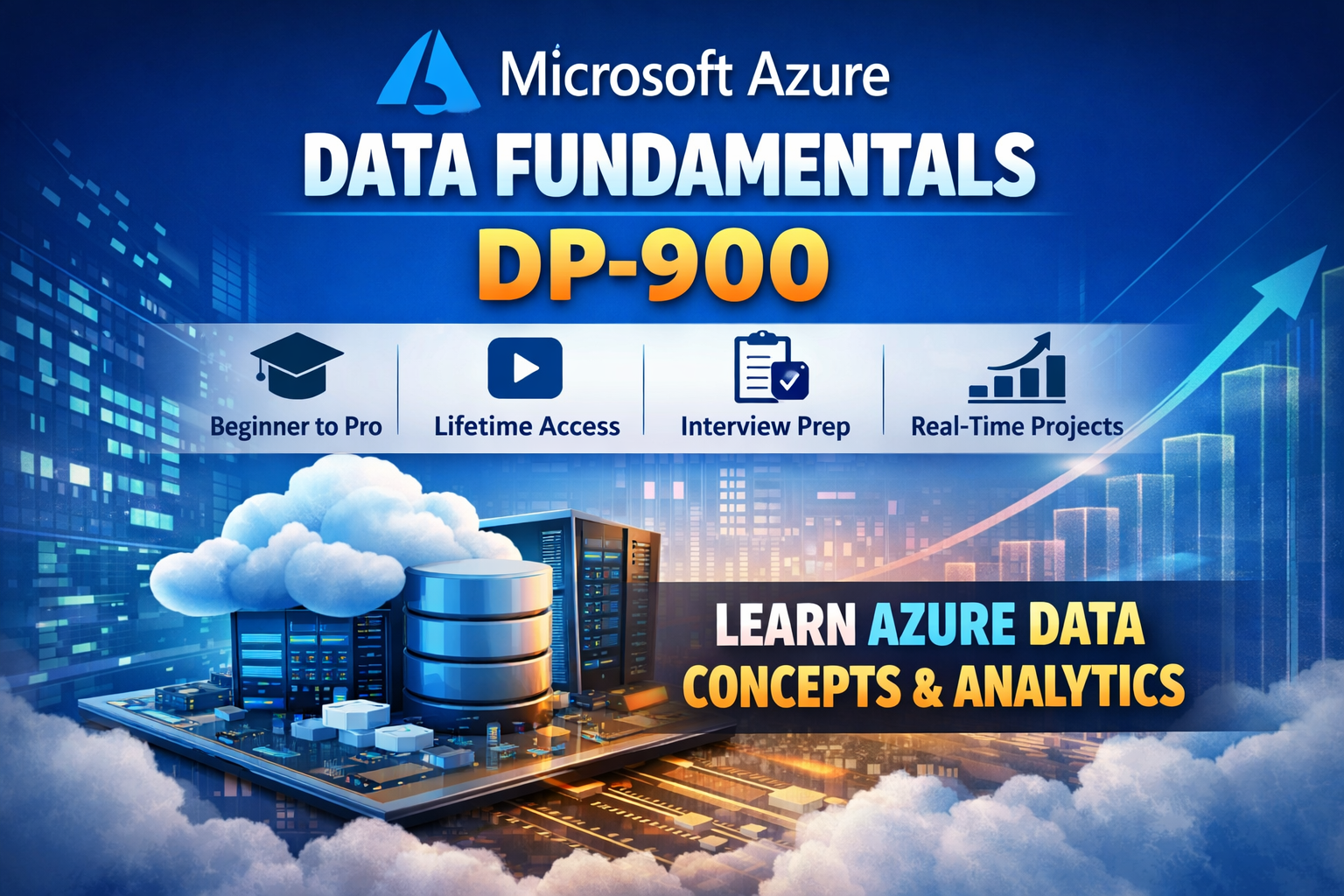 Microsoft Azure Data Fundamentals DP-900 course thumbnail with cloud data concepts, analytics, and beginner to professional learning features
